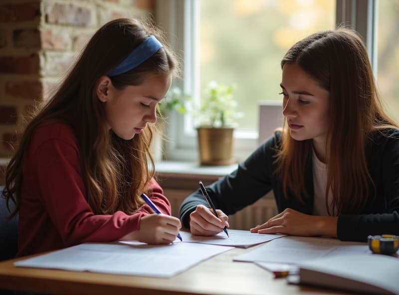 Year 11 student reviewing an essay draft with an English tutor