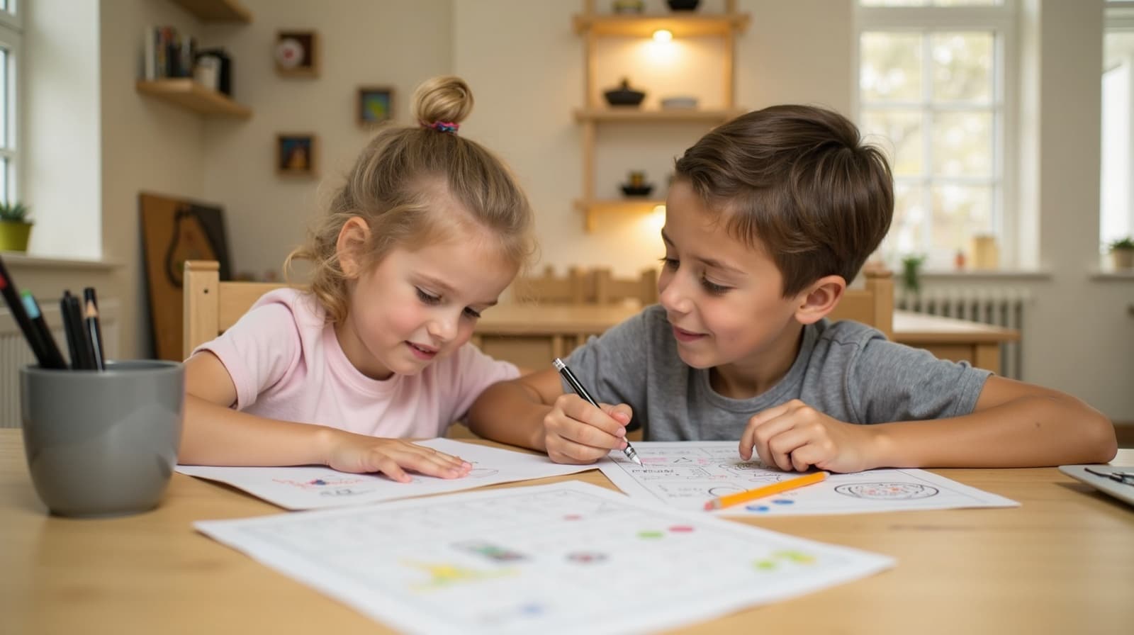 Primary school student working through maths homework with a private tutor at a desk