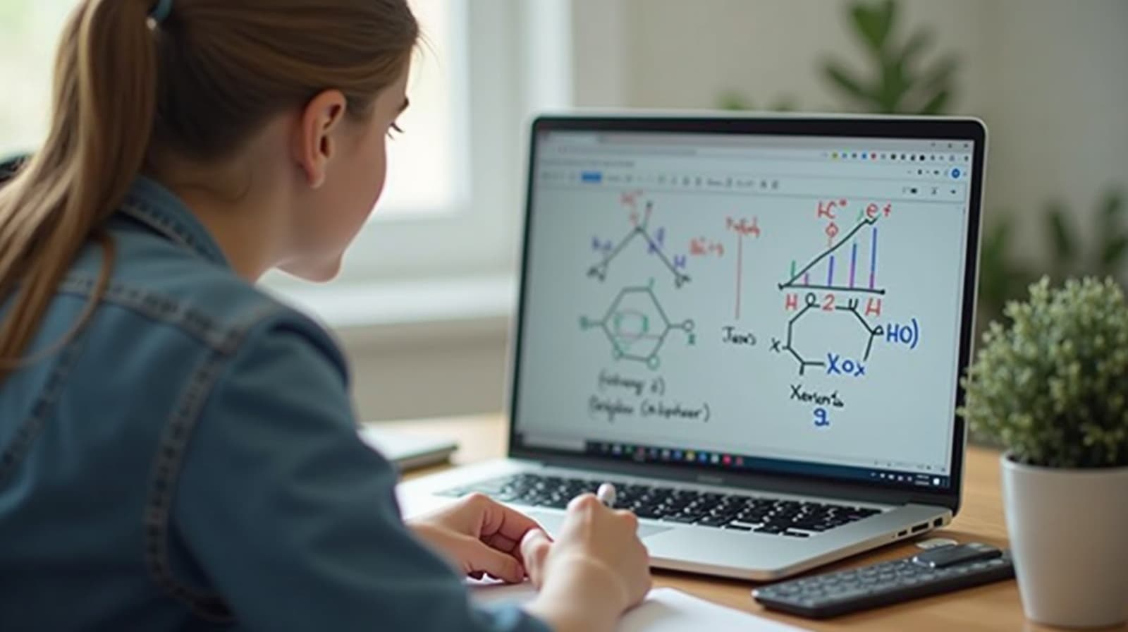 Student in an online chemistry tutoring session, working through equations on a digital whiteboard