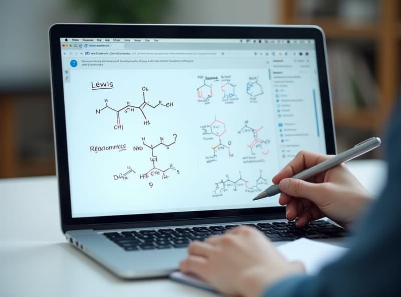 Online chemistry tutoring session showing digital whiteboard with chemical structures
