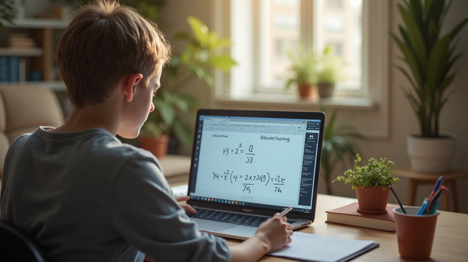 Student working with online maths tutor via laptop