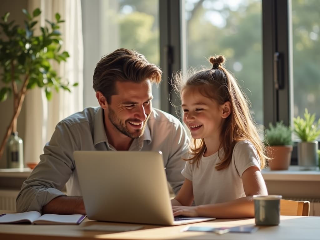A parent and child looking at a laptop together